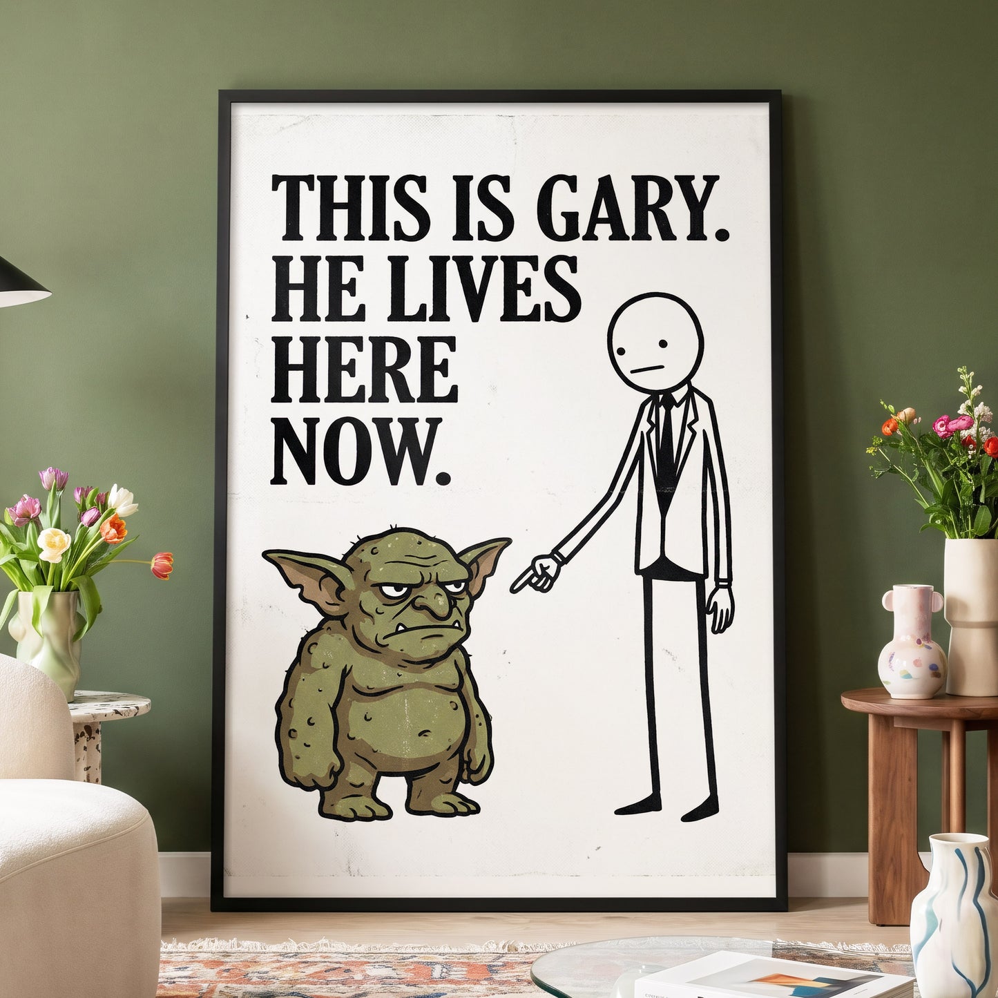 Gary’s New Address, white, black, green minimalist wall art displayed in a styled interior, gallery view 4