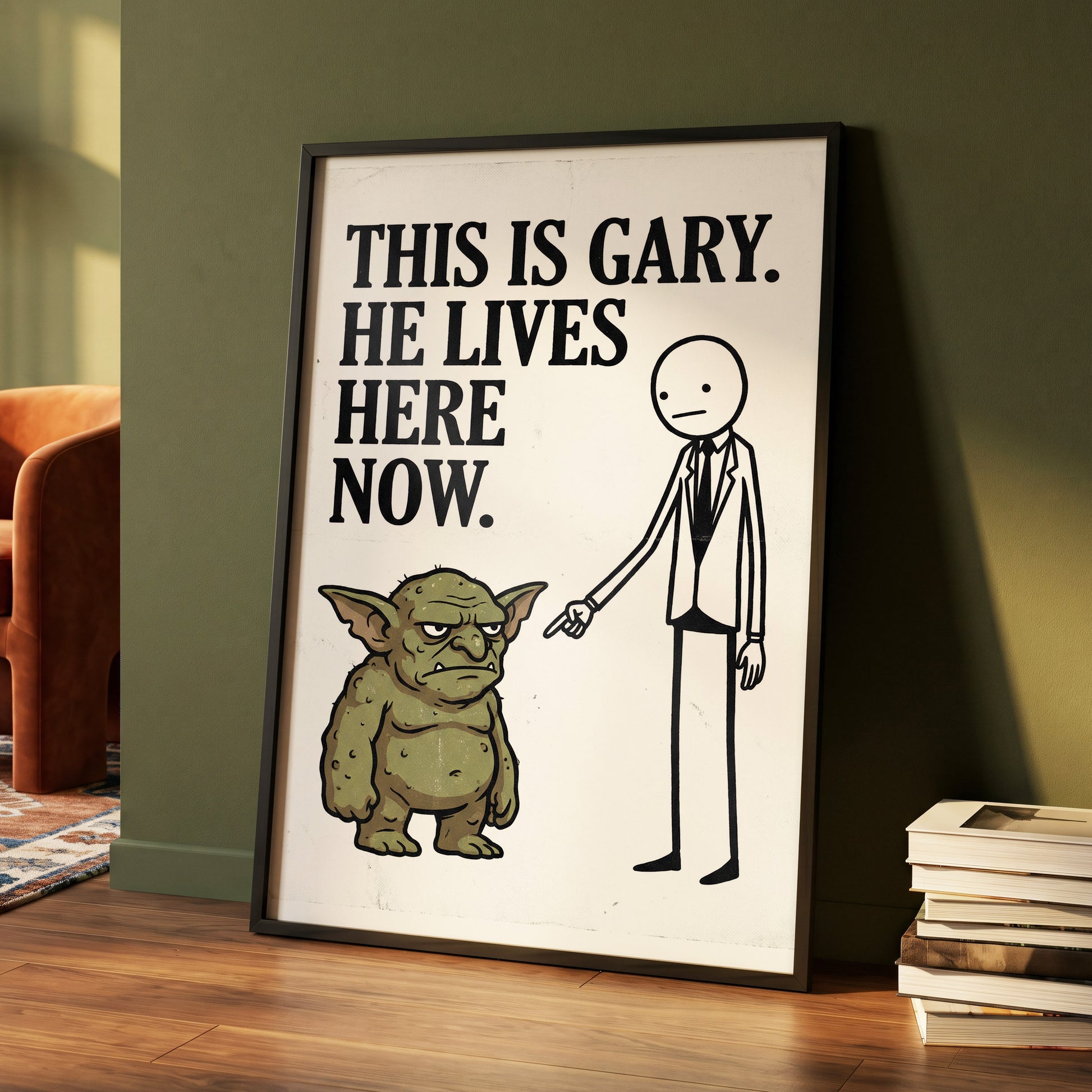 Gary’s New Address, white, black, green minimalist wall art displayed in a styled interior, gallery view 5
