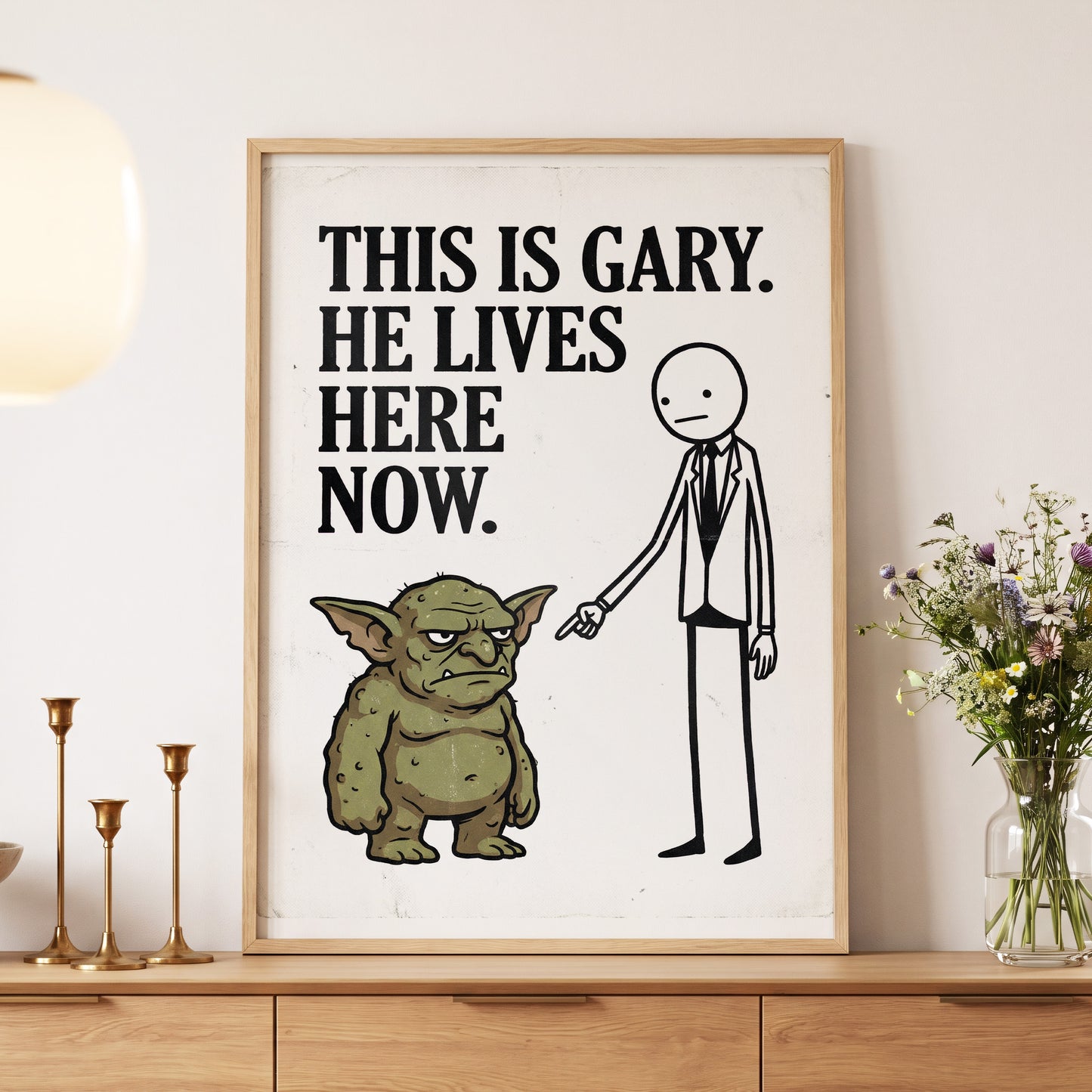 Gary’s New Address, white, black, green minimalist wall art displayed in a styled interior, gallery view 6