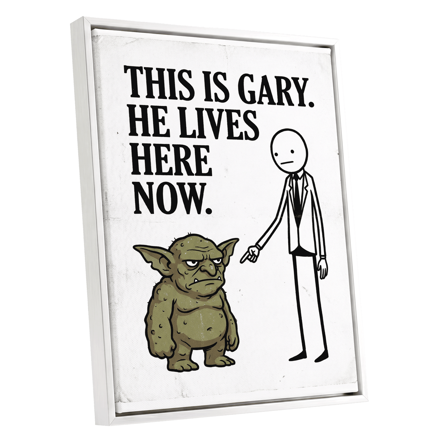 Gary’s New Address, white, black, green minimalist wall art shown as a white framed canvas wall art