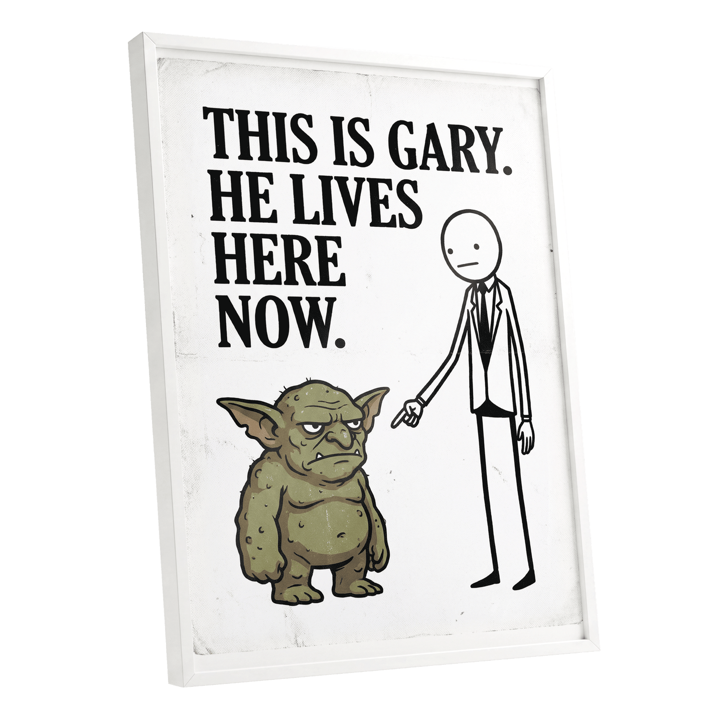 Gary’s New Address, white, black, green minimalist wall art shown as a white framed poster wall art print