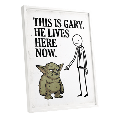 Gary’s New Address, white, black, green minimalist wall art shown as a white framed poster wall art print