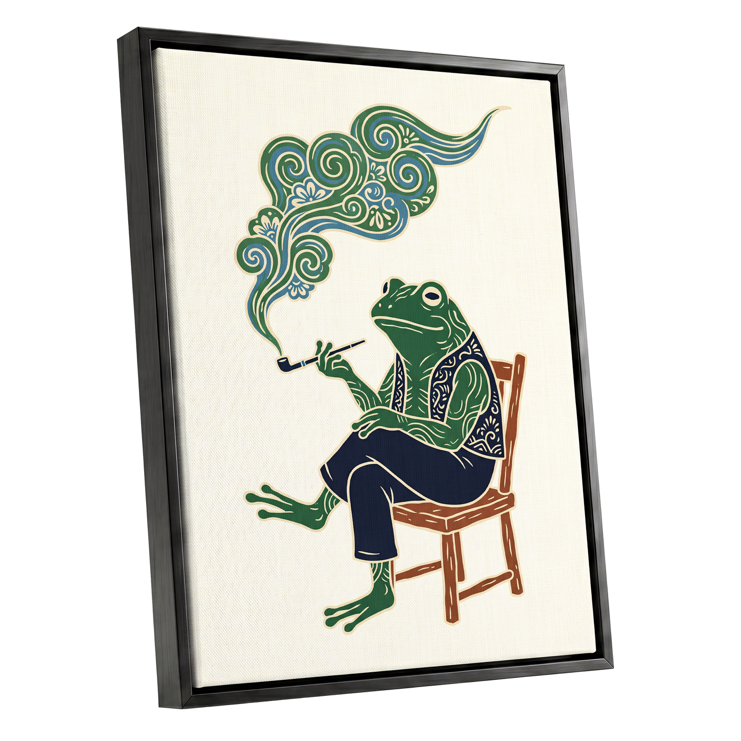 Gentlefrog's Pipe Dream, green, beige, blue nature wall art shown as a black framed canvas wall art