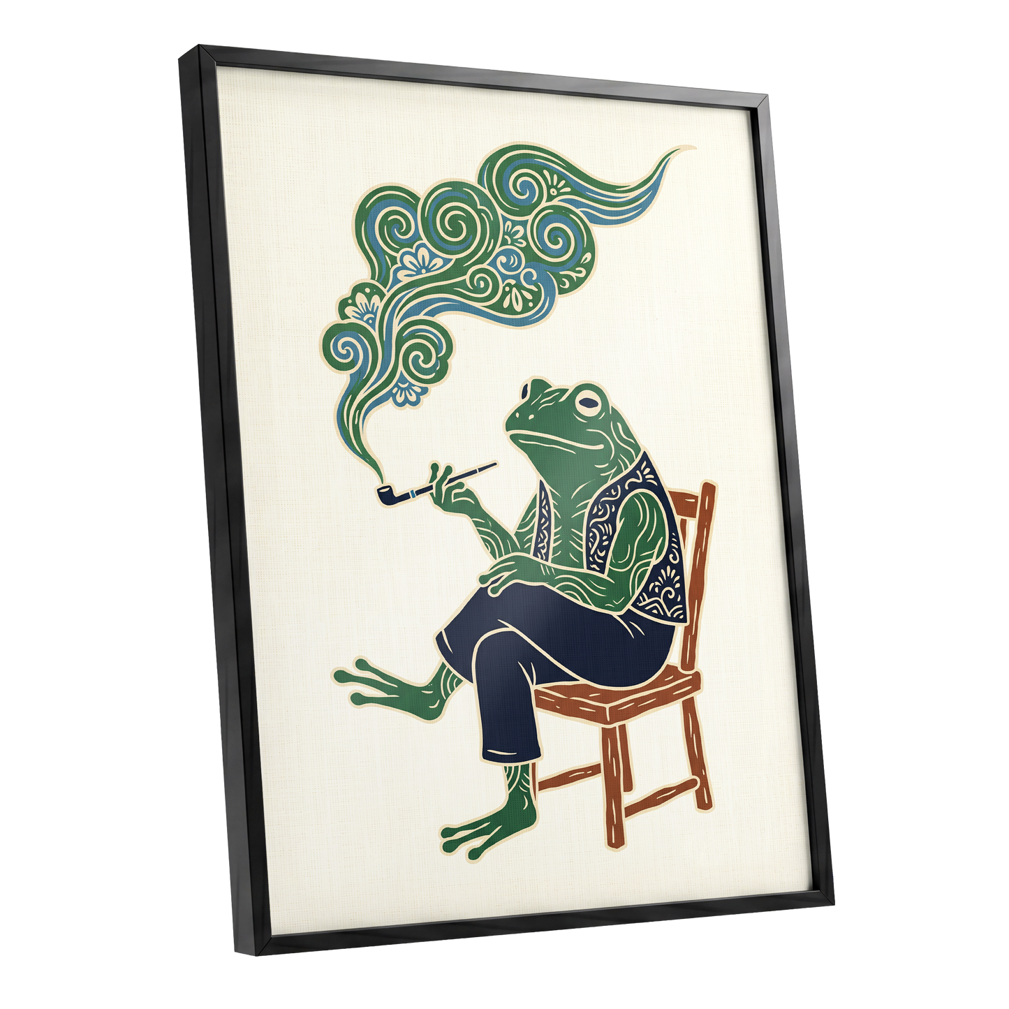 Gentlefrog's Pipe Dream, green, beige, blue nature wall art shown as a black framed poster wall art print