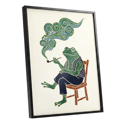 Gentlefrog's Pipe Dream, green, beige, blue nature wall art shown as a black framed poster wall art print