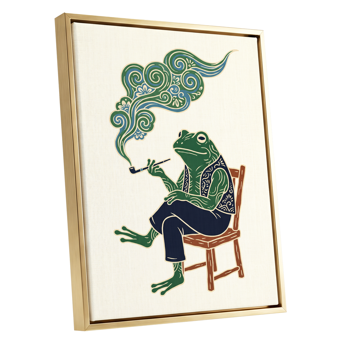 Gentlefrog's Pipe Dream, green, beige, blue nature wall art shown as a gold framed canvas wall art