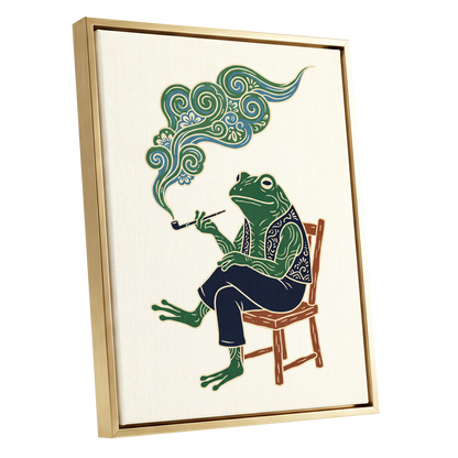 Gentlefrog's Pipe Dream, green, beige, blue nature wall art shown as a gold framed canvas wall art