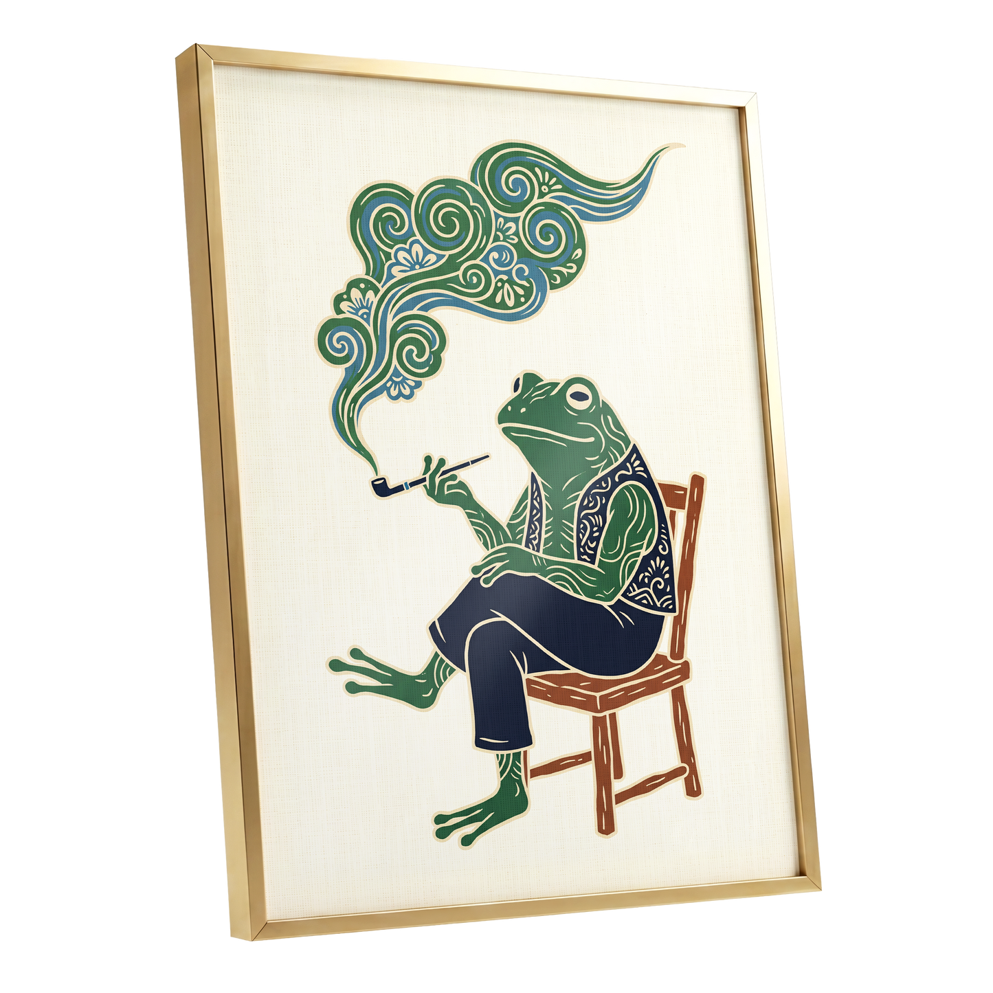 Gentlefrog's Pipe Dream, green, beige, blue nature wall art shown as a gold framed poster wall art print