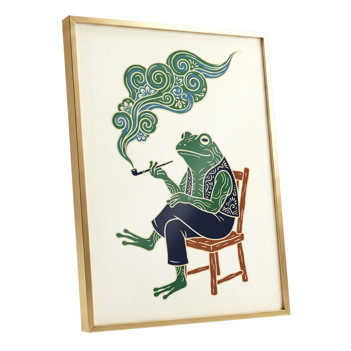 Gentlefrog's Pipe Dream, green, beige, blue nature wall art shown as a gold framed poster wall art print