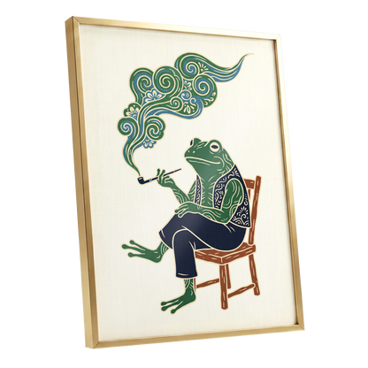 Gentlefrog's Pipe Dream, green, beige, blue nature wall art shown as a gold framed poster wall art print
