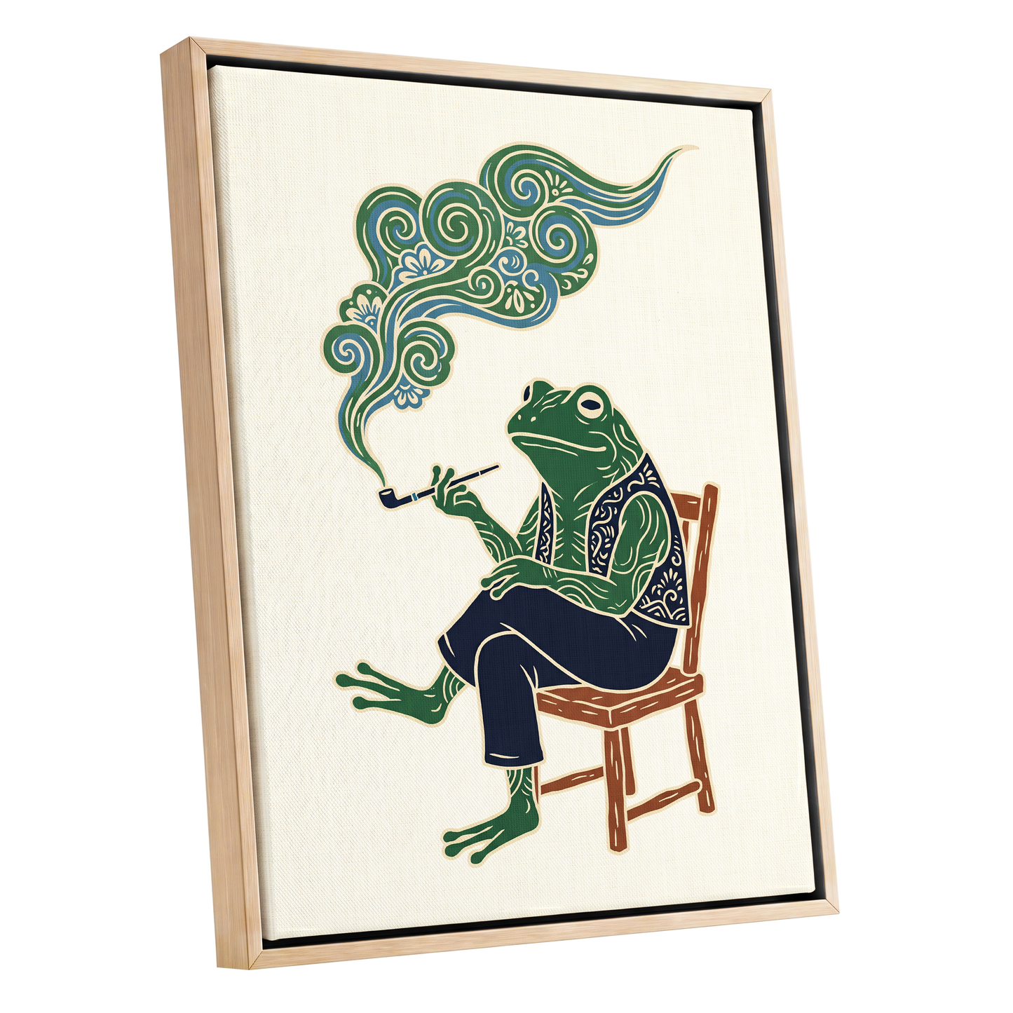 Gentlefrog's Pipe Dream, green, beige, blue nature wall art shown as a oak framed canvas wall art