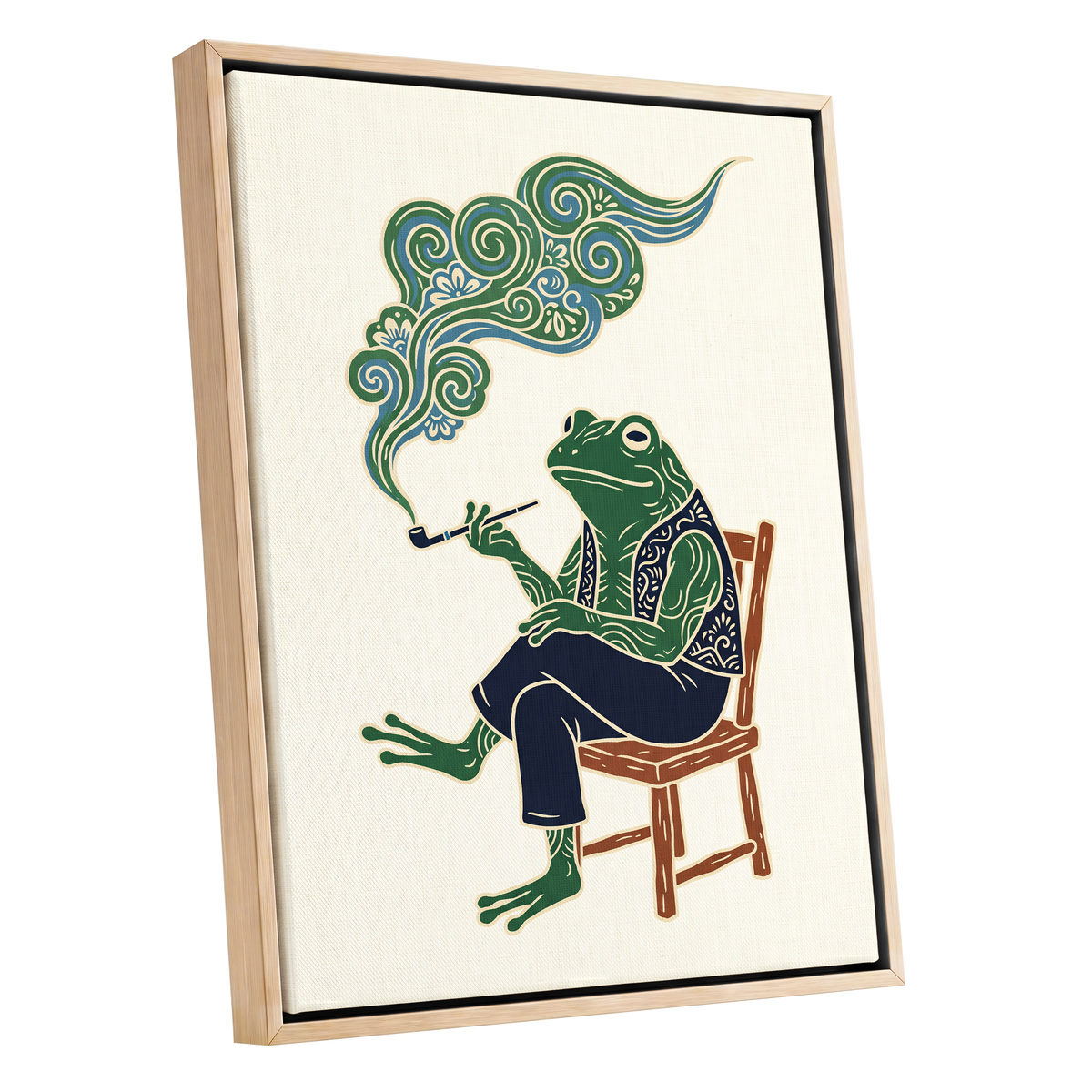 Gentlefrog's Pipe Dream, green, beige, blue nature wall art shown as a oak framed canvas wall art
