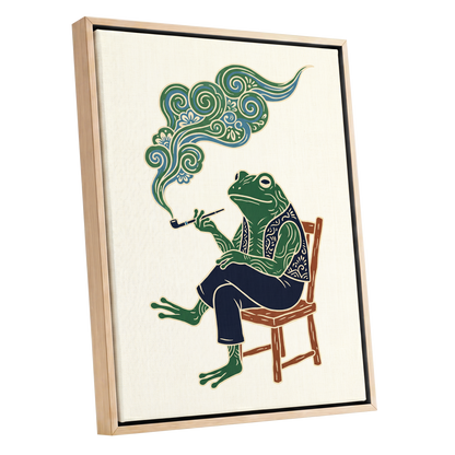 Gentlefrog's Pipe Dream, green, beige, blue nature wall art shown as a oak framed canvas wall art