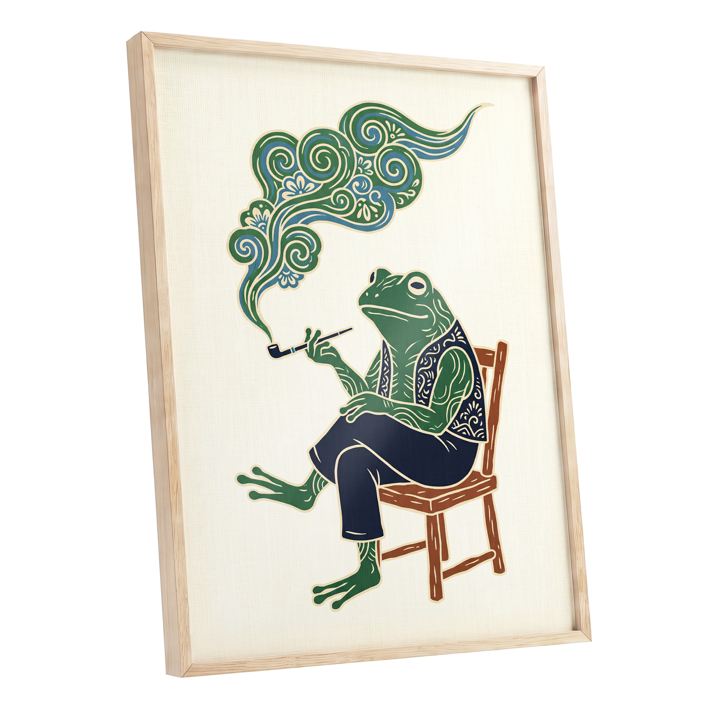 Gentlefrog's Pipe Dream, green, beige, blue nature wall art shown as a oak framed poster wall art print