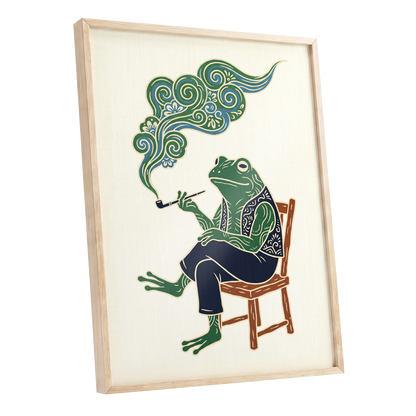 Gentlefrog's Pipe Dream, green, beige, blue nature wall art shown as a oak framed poster wall art print