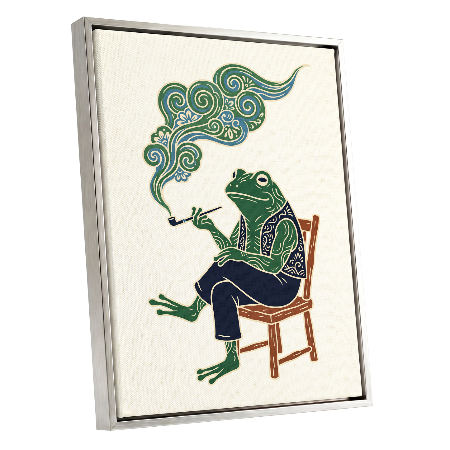Gentlefrog's Pipe Dream, green, beige, blue nature wall art shown as a silver framed canvas wall art