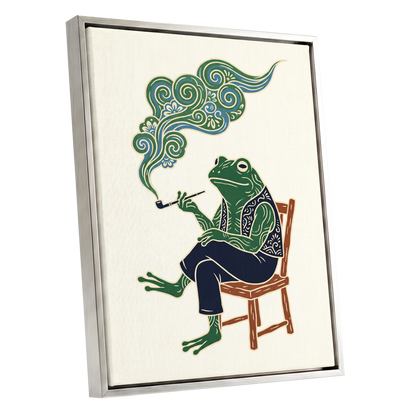 Gentlefrog's Pipe Dream, green, beige, blue nature wall art shown as a silver framed canvas wall art