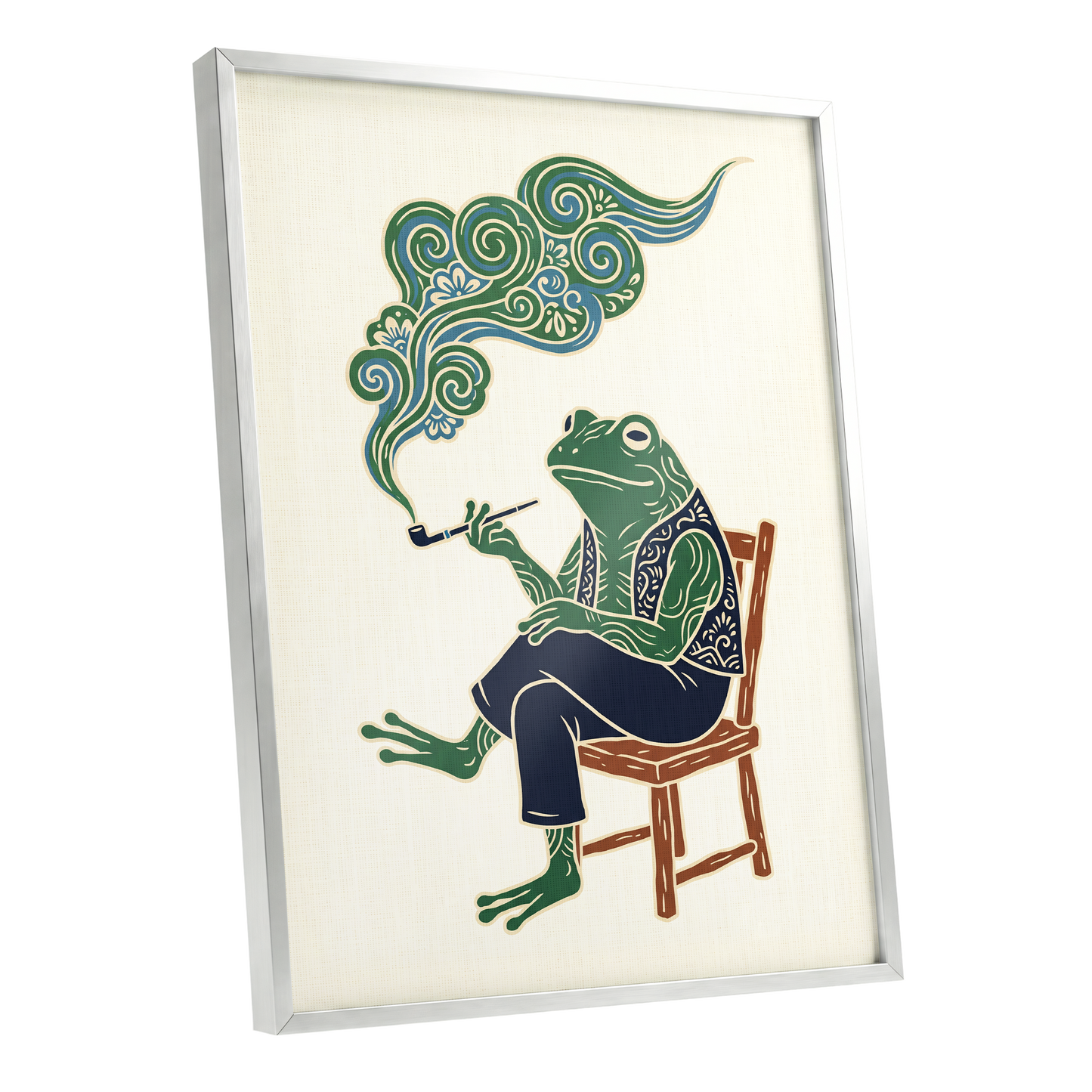 Gentlefrog's Pipe Dream, green, beige, blue nature wall art shown as a silver framed poster wall art print