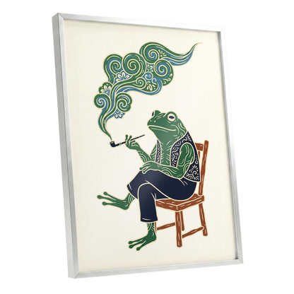 Gentlefrog's Pipe Dream, green, beige, blue nature wall art shown as a silver framed poster wall art print