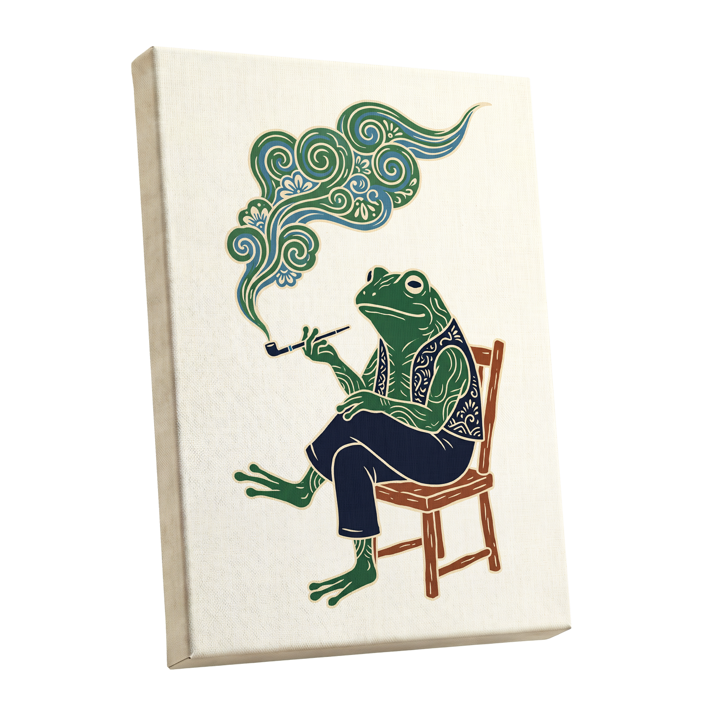 Gentlefrog's Pipe Dream, green, beige, blue nature wall art shown as a stretched canvas wall art