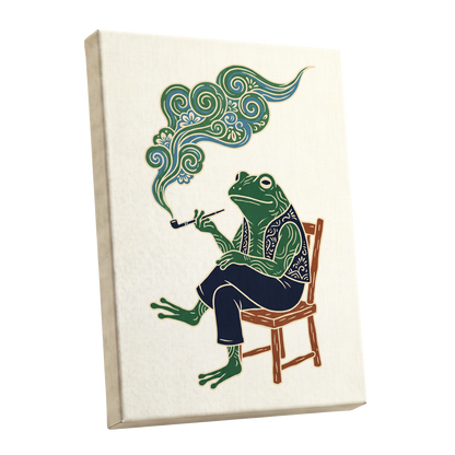 Gentlefrog's Pipe Dream, green, beige, blue nature wall art shown as a stretched canvas wall art