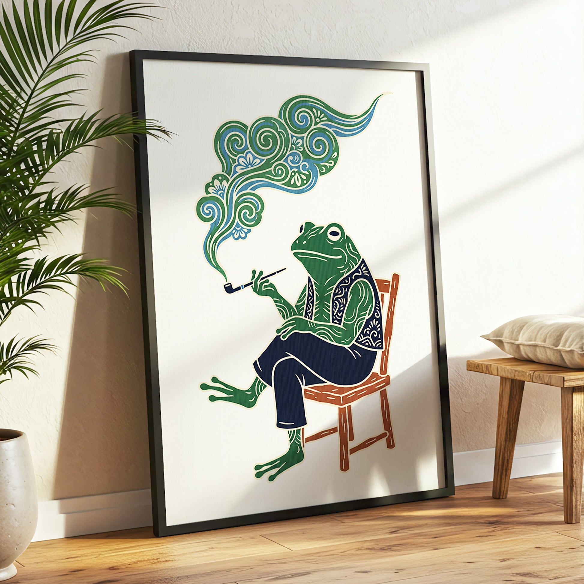 Gentlefrog's Pipe Dream, green, beige, blue nature wall art displayed in a styled interior, gallery view 2
