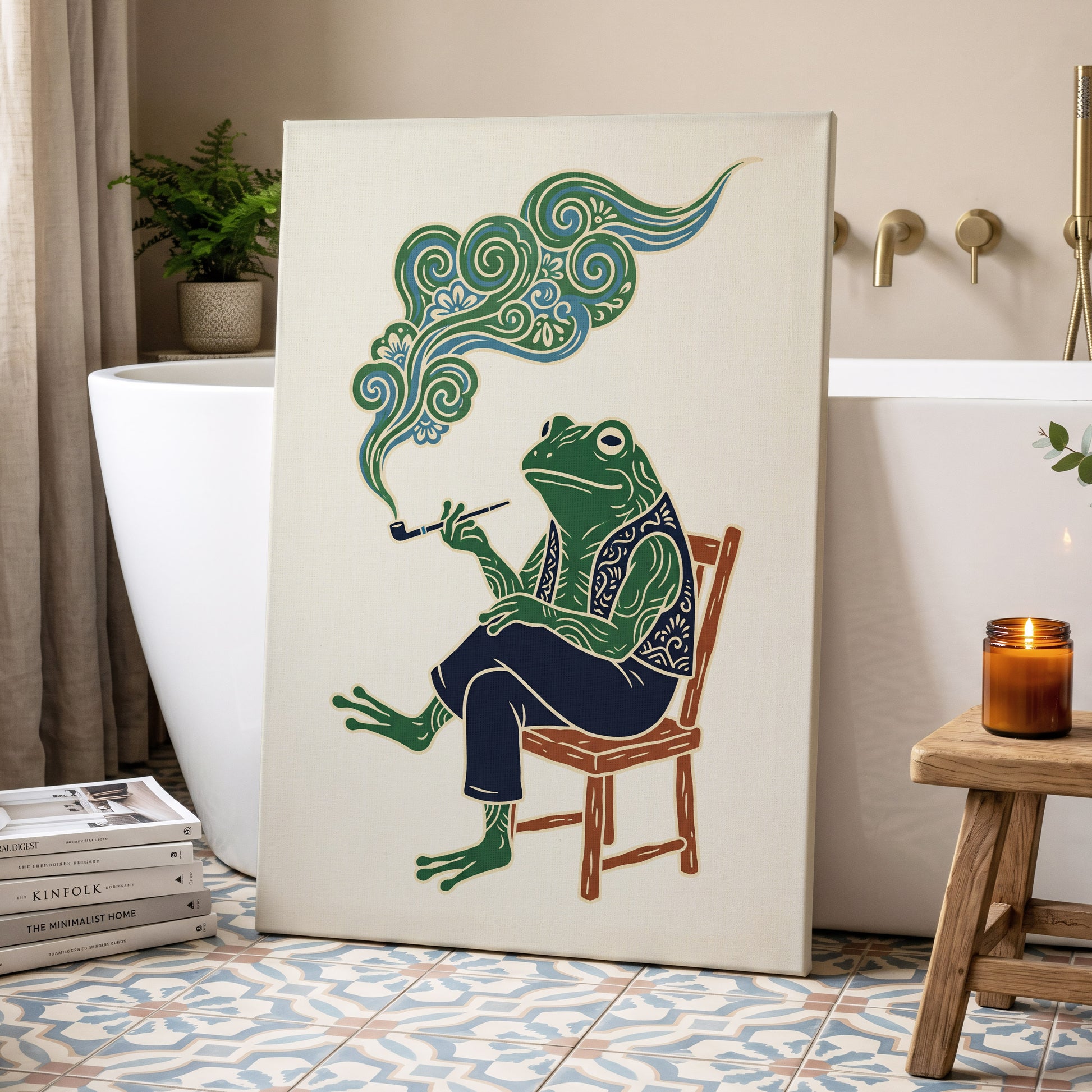 Gentlefrog's Pipe Dream, green, beige, blue nature wall art displayed in a styled interior, gallery view 3