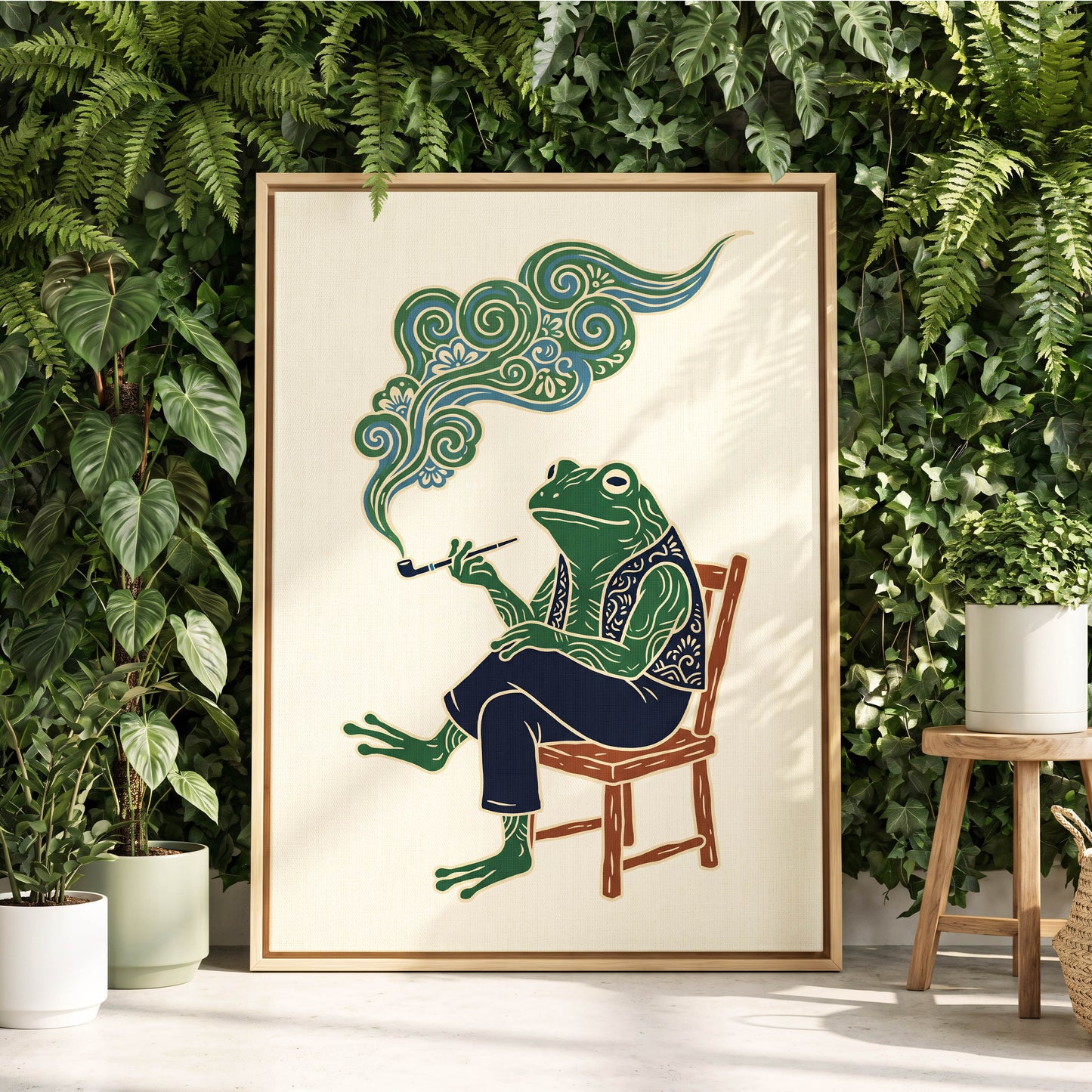 Gentlefrog's Pipe Dream, green, beige, blue nature wall art displayed in a styled interior, gallery view 4