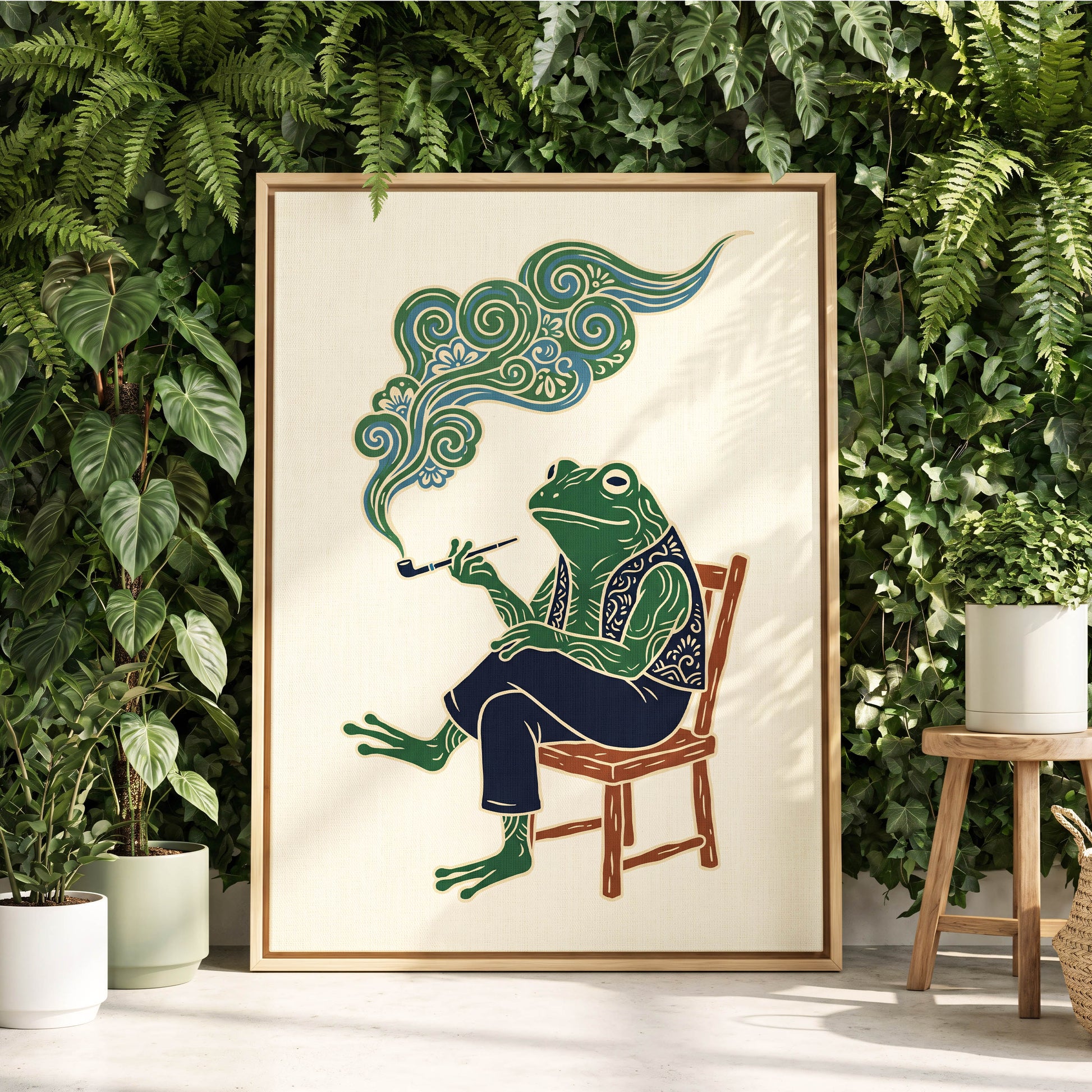 Gentlefrog's Pipe Dream, green, beige, blue nature wall art displayed in a styled interior, gallery view 4