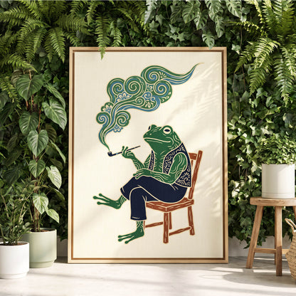 Gentlefrog's Pipe Dream, green, beige, blue nature wall art displayed in a styled interior, gallery view 4