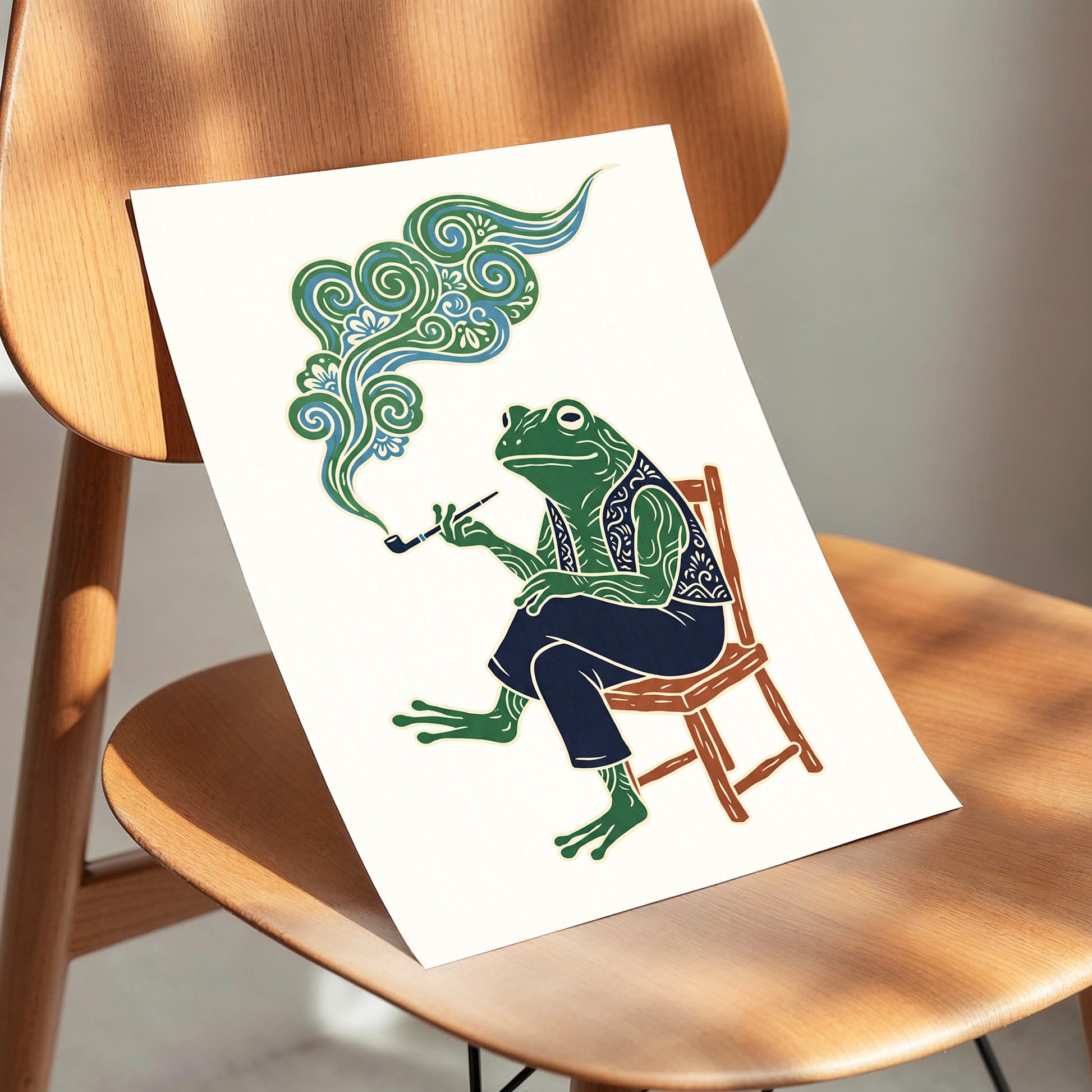 Gentlefrog's Pipe Dream, green, beige, blue nature wall art displayed in a styled interior, gallery view 5
