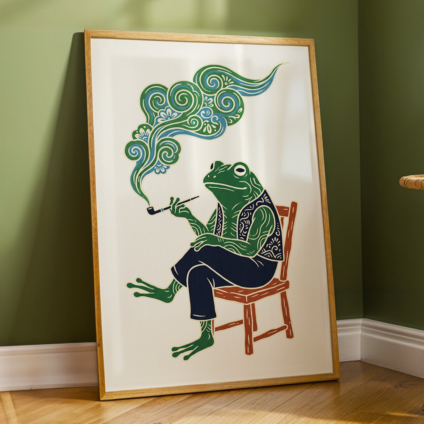 Gentlefrog's Pipe Dream, green, beige, blue nature wall art displayed in a styled interior, gallery view 6
