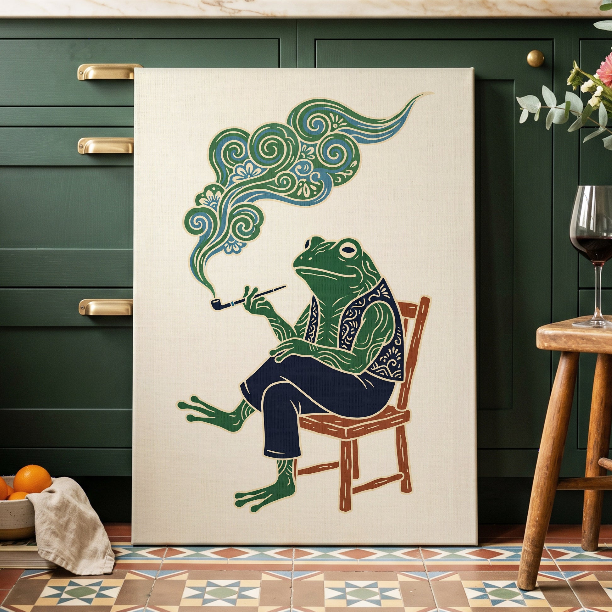Gentlefrog's Pipe Dream, green, beige, blue nature wall art displayed in a styled interior, gallery view 7