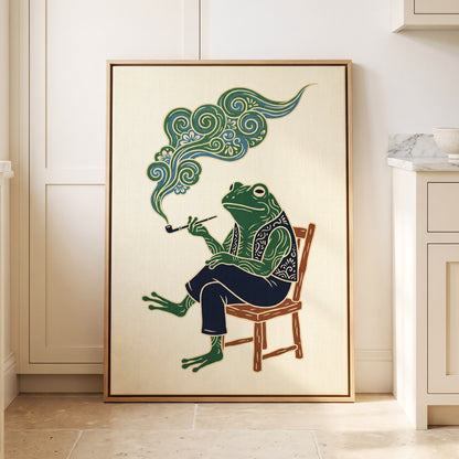 Gentlefrog's Pipe Dream, green, beige, blue nature wall art displayed in a styled interior, gallery view 8