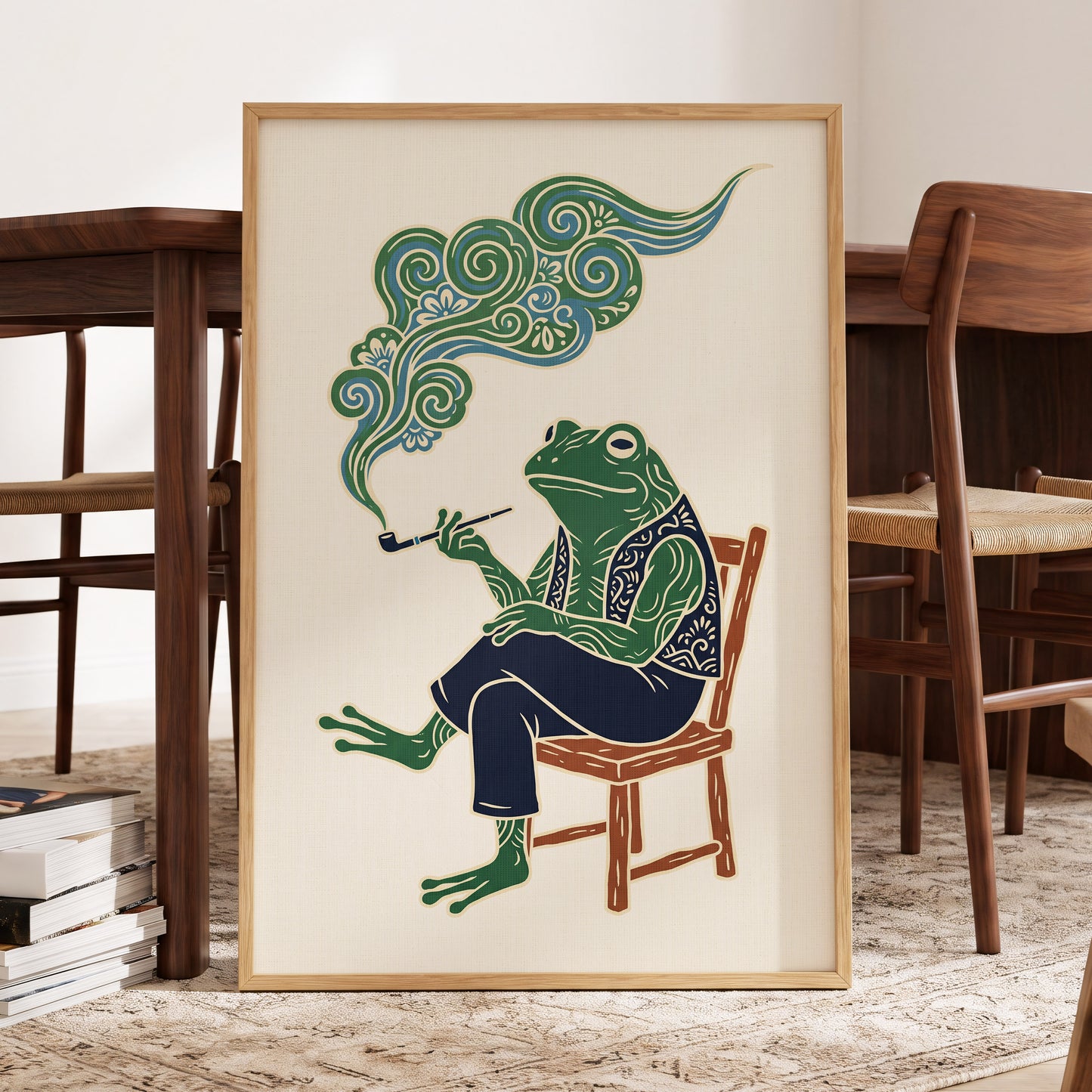 Gentlefrog's Pipe Dream, green, beige, blue nature wall art displayed in a styled interior, gallery view 9