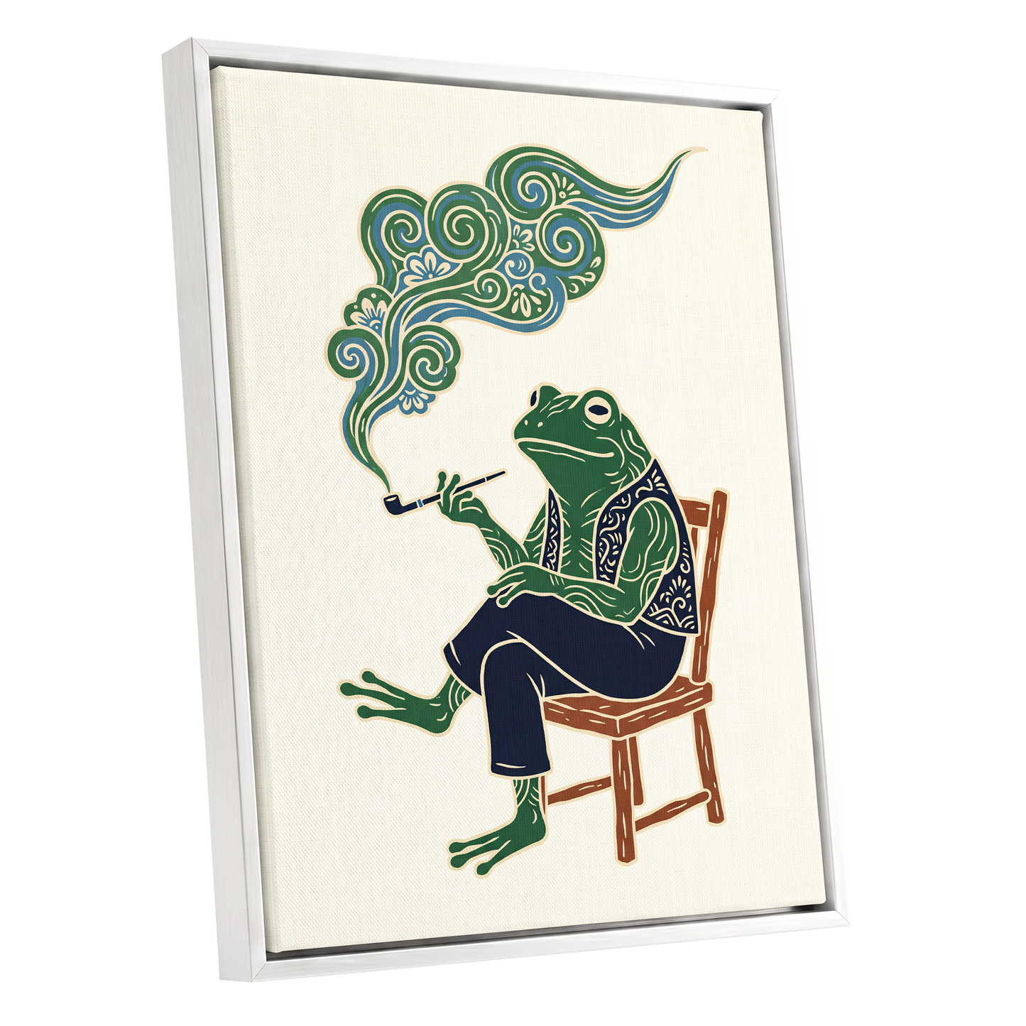 Gentlefrog's Pipe Dream, green, beige, blue nature wall art shown as a white framed canvas wall art