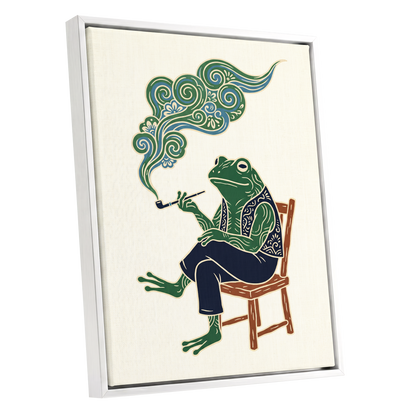 Gentlefrog's Pipe Dream, green, beige, blue nature wall art shown as a white framed canvas wall art