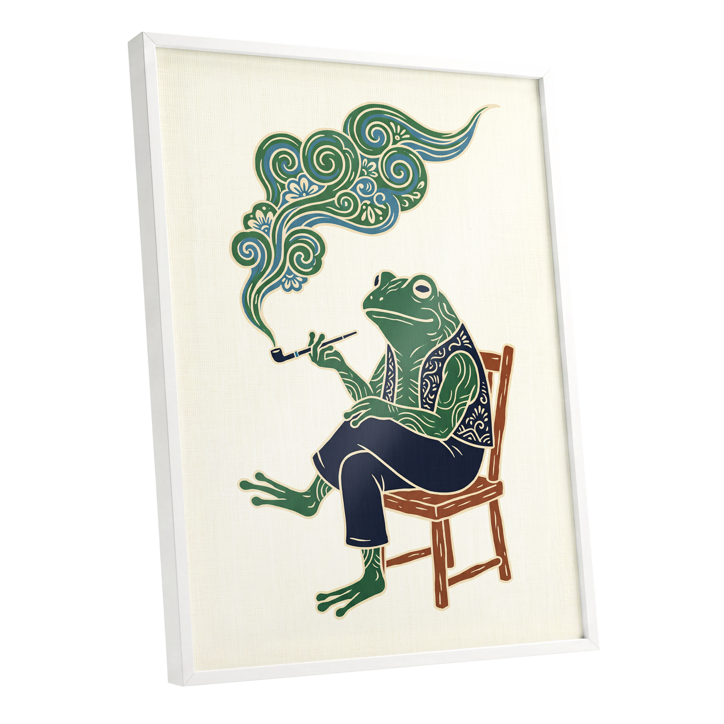 Gentlefrog's Pipe Dream, green, beige, blue nature wall art shown as a white framed poster wall art print