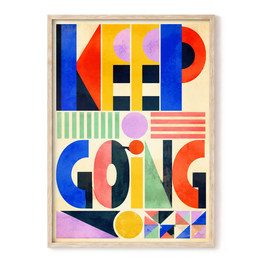 Geometric Rhythm, beige, blue, red abstract wall art, front artwork view