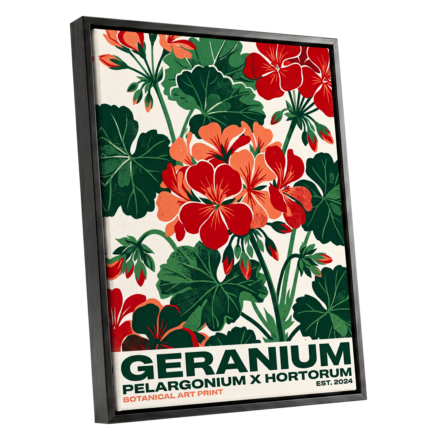 Geranium Garden, green, red, beige floral wall art shown as a black framed canvas wall art