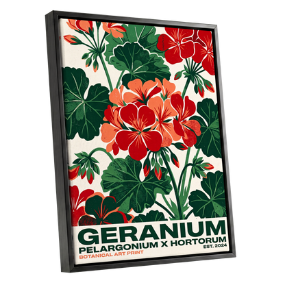 Geranium Garden, green, red, beige floral wall art shown as a black framed canvas wall art