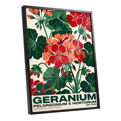 Geranium Garden, green, red, beige floral wall art shown as a black framed poster wall art print