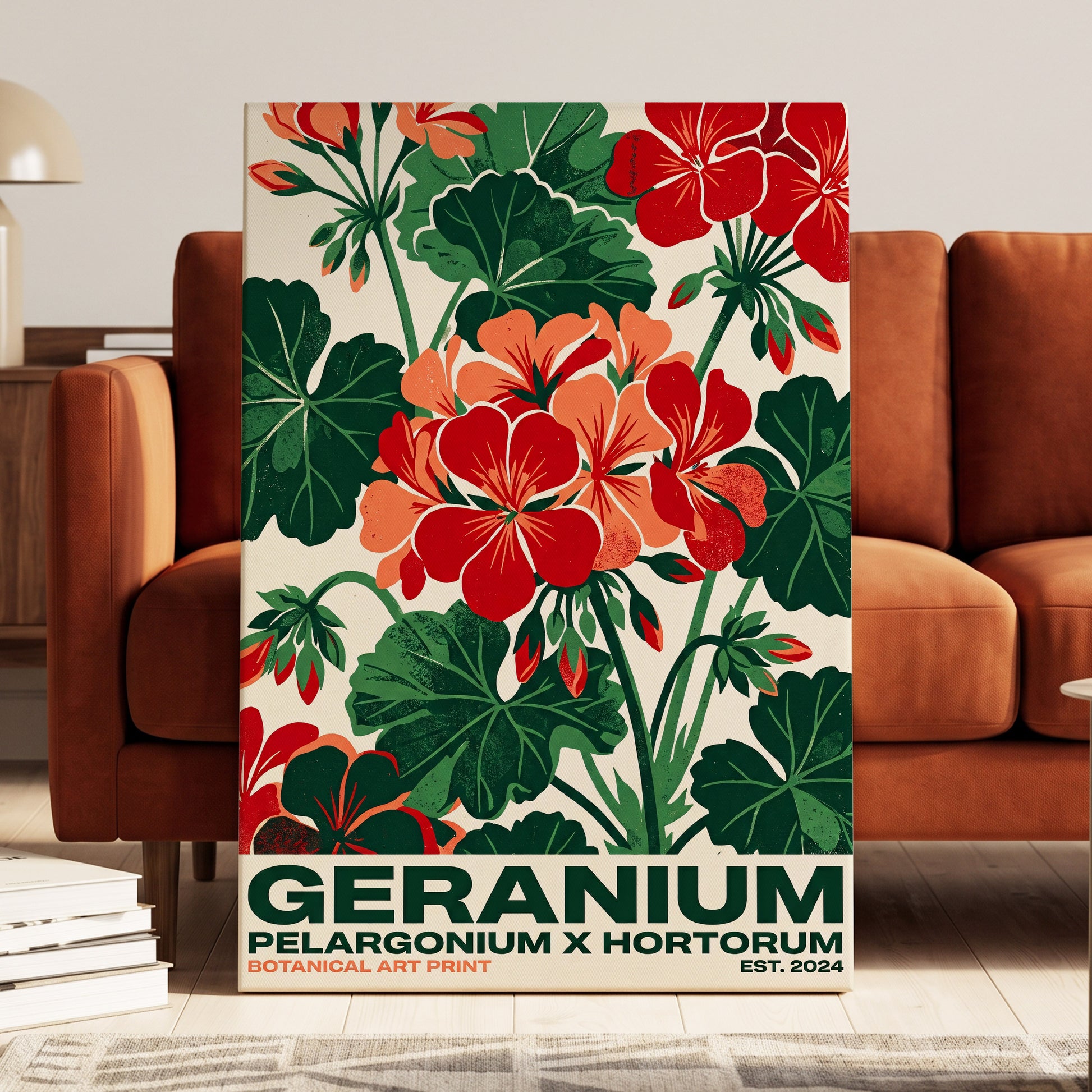 Geranium Garden, green, red, beige floral wall art on canvas displayed in a styled interior, gallery view 1