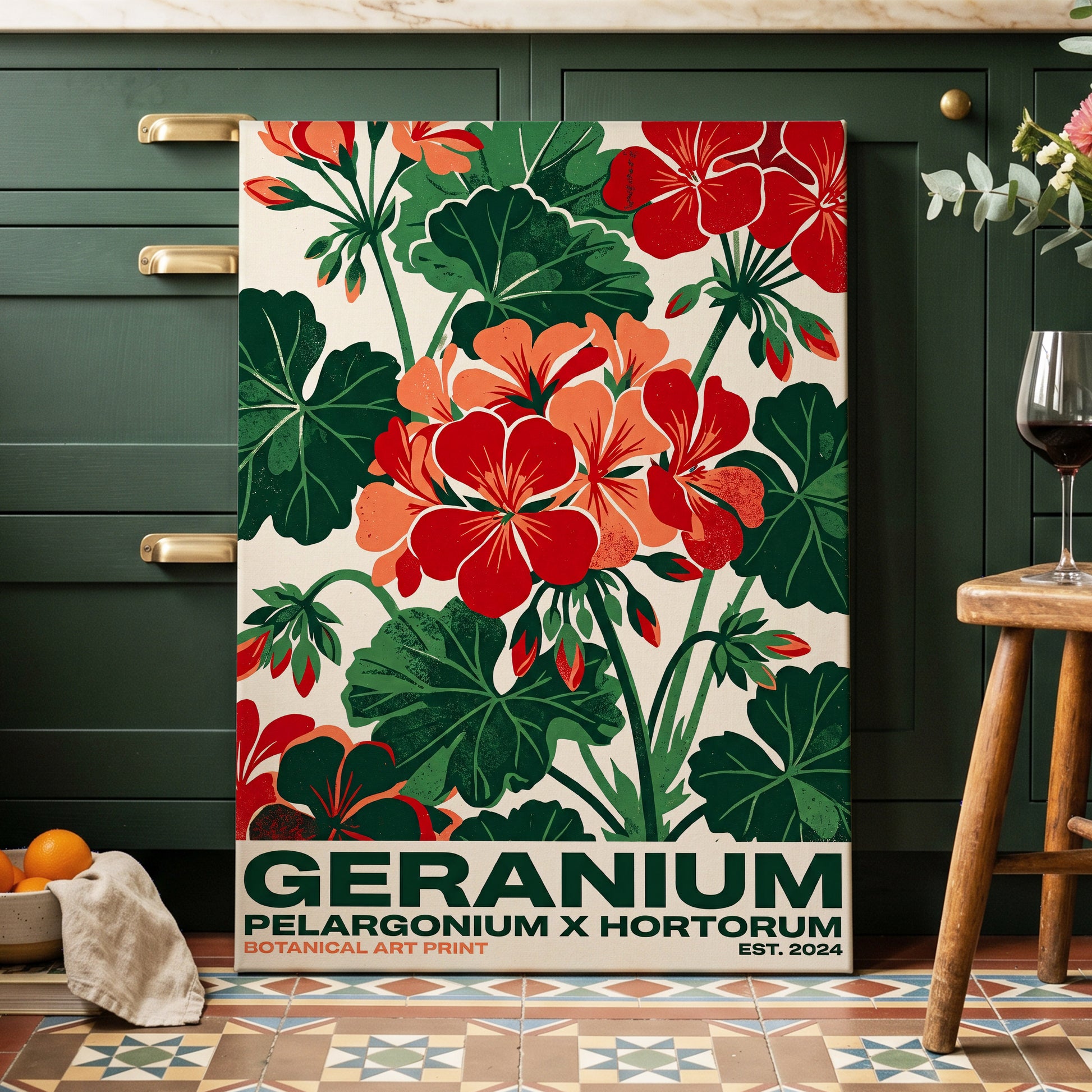 Geranium Garden, green, red, beige floral wall art on canvas displayed in a styled interior, gallery view 2