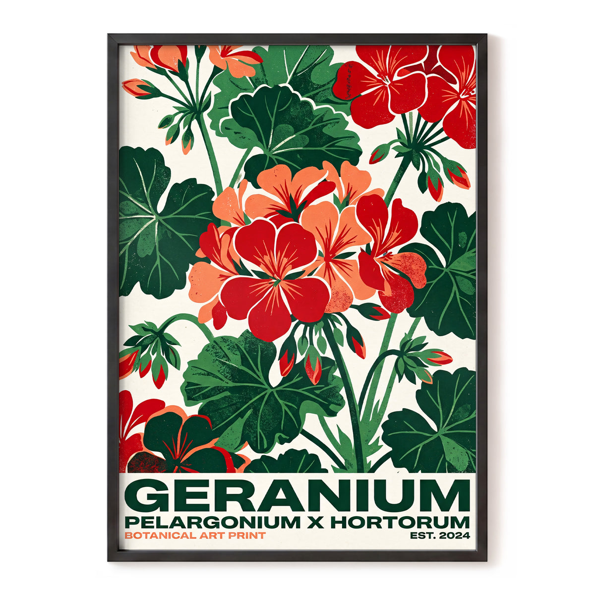 Geranium Garden, green, red, beige floral wall art, front artwork view