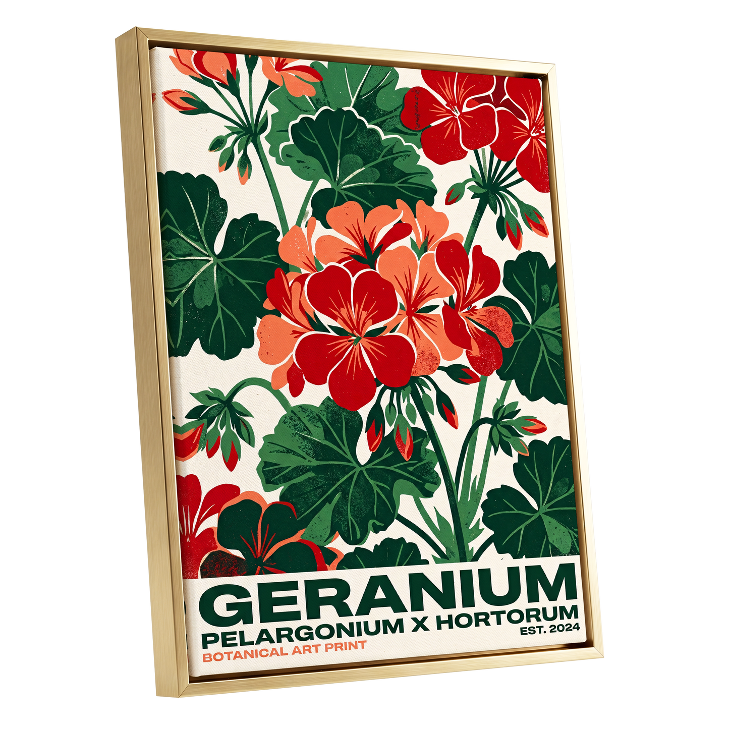 Geranium Garden, green, red, beige floral wall art shown as a gold framed canvas wall art