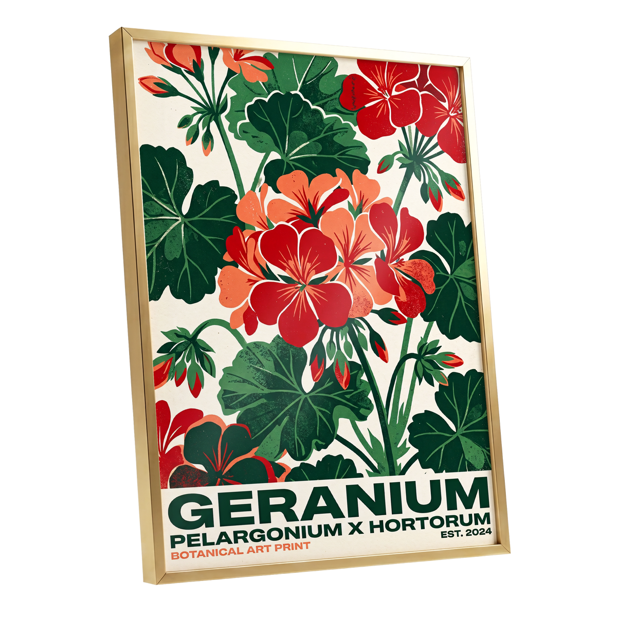 Geranium Garden, green, red, beige floral wall art shown as a gold framed poster wall art print