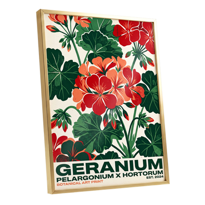 Geranium Garden, green, red, beige floral wall art shown as a gold framed poster wall art print