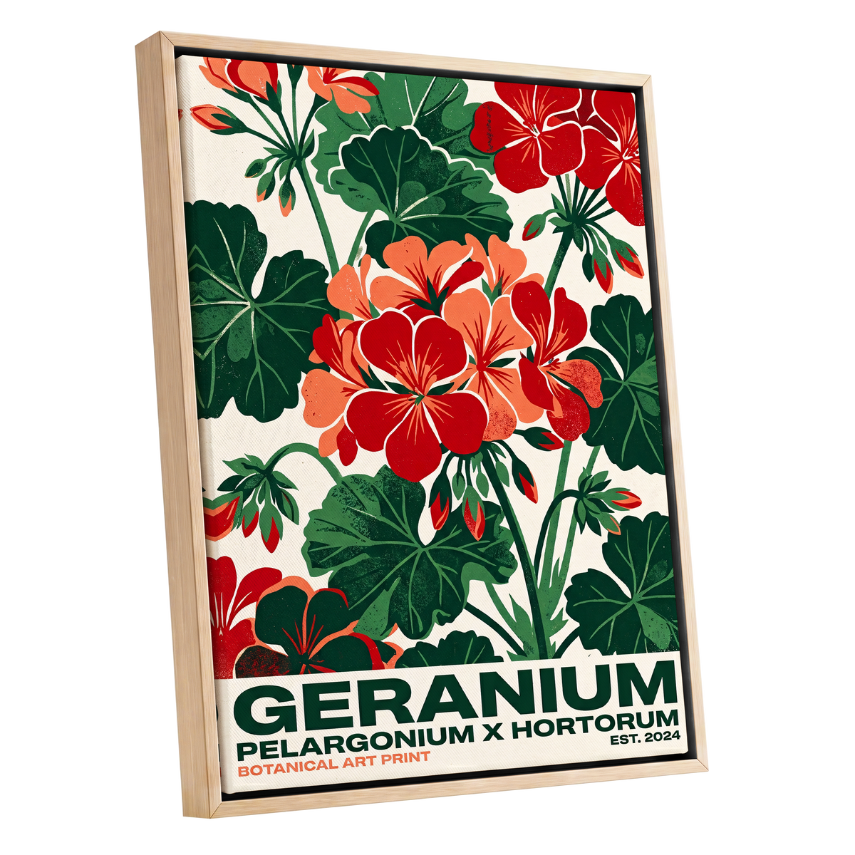 Geranium Garden, green, red, beige floral wall art shown as a oak framed canvas wall art