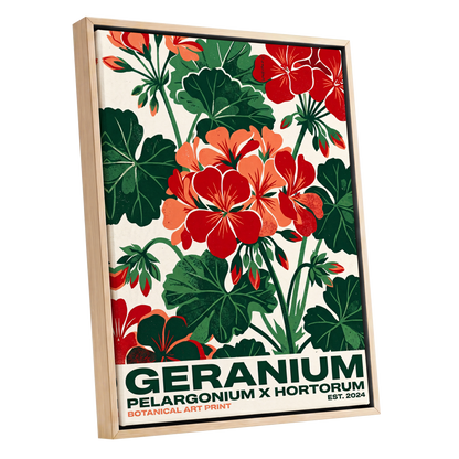 Geranium Garden, green, red, beige floral wall art shown as a oak framed canvas wall art